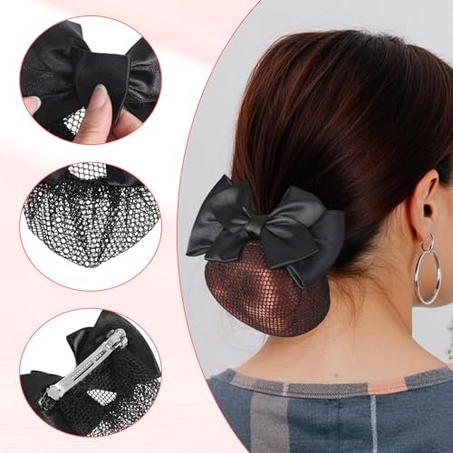 2 Pieces Hair Snood Net - Women's Bun Cover Hairnet with Satin Bow Barrette French Clips Ribbon Flower Hair Accessories for Stewardess Banks Hotels Restaurant Staff (Black) Avelisse