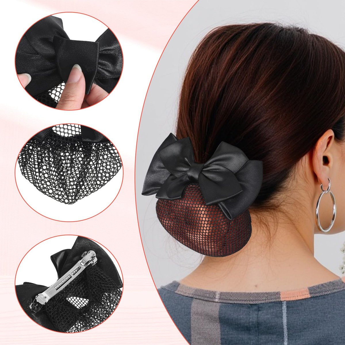 2 Pieces Hair Snood Net - Women's Bun Cover Hairnet with Satin Bow Barrette French Clips Ribbon Flower Hair Accessories for Stewardess Banks Hotels Restaurant Staff (Black) Avelisse