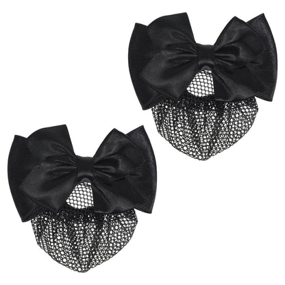 2 Pieces Hair Snood Net - Women's Bun Cover Hairnet with Satin Bow Barrette French Clips Ribbon Flower Hair Accessories for Stewardess Banks Hotels Restaurant Staff (Black) Avelisse