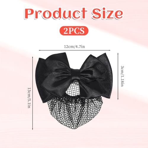 2 Pieces Hair Snood Net - Women's Bun Cover Hairnet with Satin Bow Barrette French Clips Ribbon Flower Hair Accessories for Stewardess Banks Hotels Restaurant Staff (Black) Avelisse
