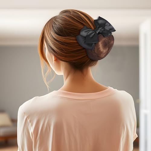 2 Pieces Hair Snood Net - Women's Bun Cover Hairnet with Satin Bow Barrette French Clips Ribbon Flower Hair Accessories for Stewardess Banks Hotels Restaurant Staff (Black) Avelisse