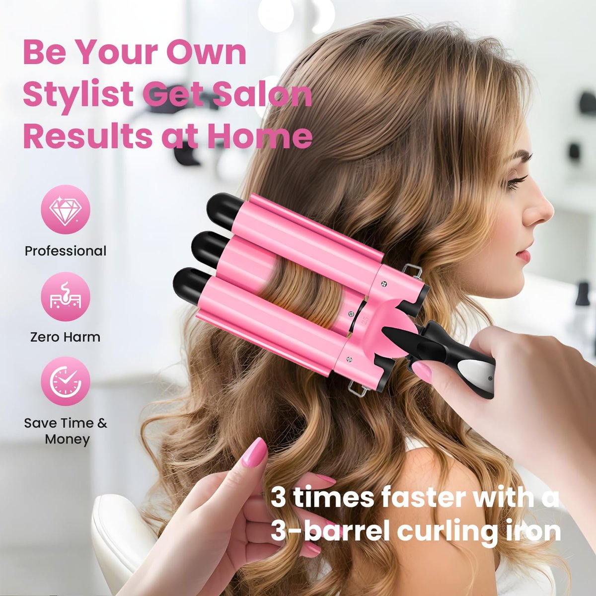 CLSYBelize 3 Barrel Curling Iron - 1 Inch Ceramic Hair Crimper for Beach Waves | Dual Voltage, 2 Heat Settings Avelisse
