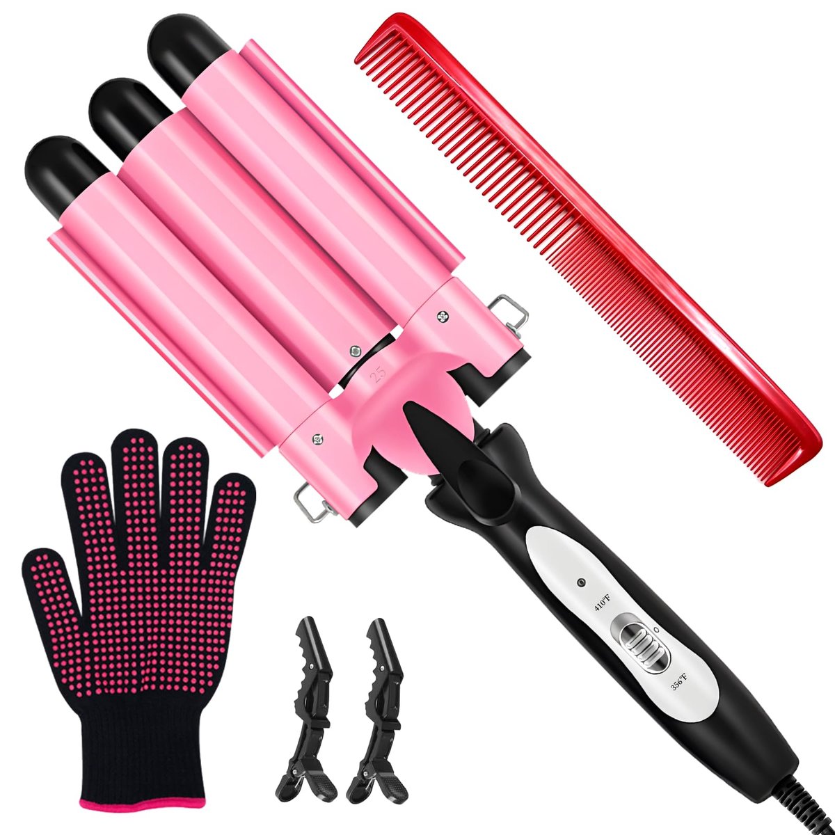 CLSYBelize 3 Barrel Curling Iron - 1 Inch Ceramic Hair Crimper for Beach Waves | Dual Voltage, 2 Heat Settings Avelisse