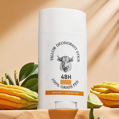 Grass-Fed Beef Tallow Deodorant Stick – 48-Hour Odor Control, Aluminum-Free, Bergamot Scented, Invisible Cream for Underarms & Private Parts