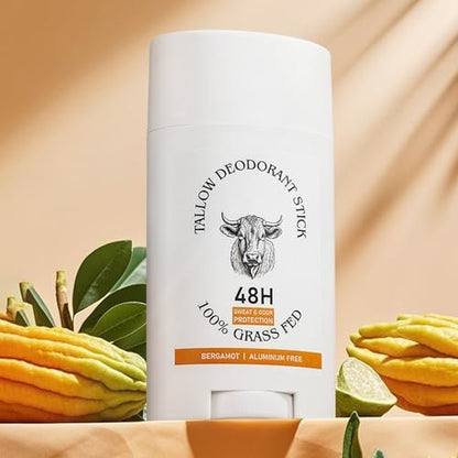 Grass-Fed Beef Tallow Deodorant Stick – 48-Hour Odor Control, Aluminum-Free, Bergamot Scented, Invisible Cream for Underarms & Private Parts