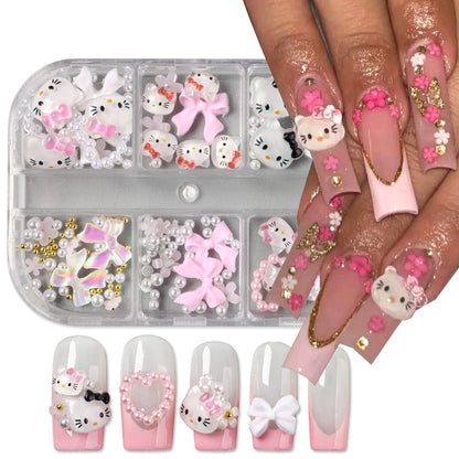 6 Grids Cartoon Nail Art Charms Set - 3D Cute Nail Rhinestones, Bow, Heart, Flowers, Gems, Pearls for DIY Nail Design Manicure Accessories