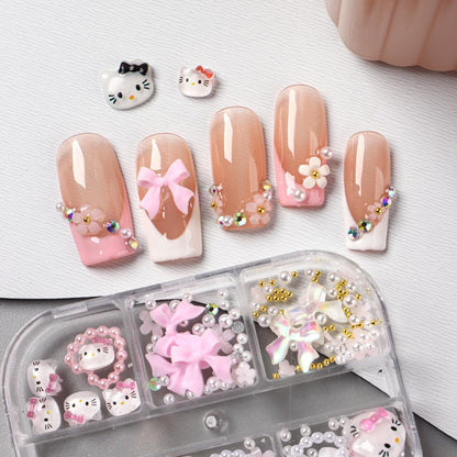 6 Grids Cartoon Nail Art Charms Set - 3D Cute Nail Rhinestones, Bow, Heart, Flowers, Gems, Pearls for DIY Nail Design Manicure Accessories