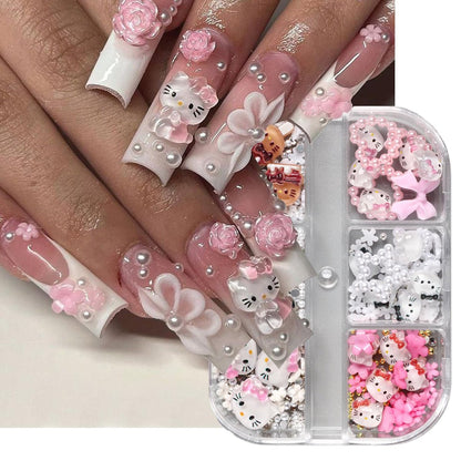 6 Grids Cartoon Nail Art Charms Set - 3D Cute Nail Rhinestones, Bow, Heart, Flowers, Gems, Pearls for DIY Nail Design Manicure Accessories