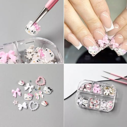 6 Grids Cartoon Nail Art Charms Set - 3D Cute Nail Rhinestones, Bow, Heart, Flowers, Gems, Pearls for DIY Nail Design Manicure Accessories