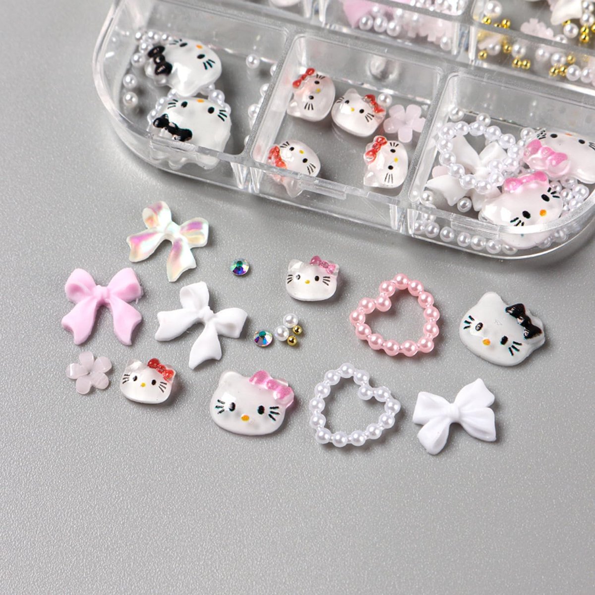 6 Grids Cartoon Nail Art Charms Set - 3D Cute Nail Rhinestones, Bow, Heart, Flowers, Gems, Pearls for DIY Nail Design Manicure Accessories - görsel 9