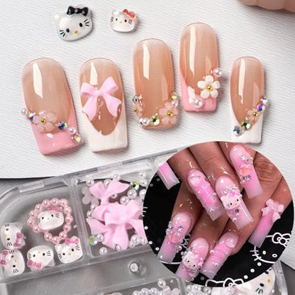 6 Grids Cartoon Nail Art Charms Set - 3D Cute Nail Rhinestones, Bow, Heart, Flowers, Gems, Pearls for DIY Nail Design Manicure Accessories