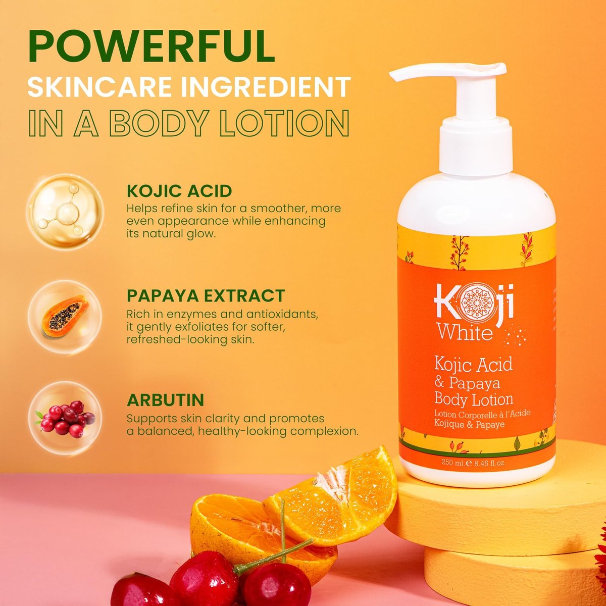 Koji White Kojic Acid & Papaya Body Lotion - Exfoliating, Hydrating Moisturizer for Sun-Damaged Skin, Vegan, Paraben-Free, 8.45 Fl Oz Avelisse