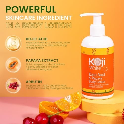 Koji White Kojic Acid & Papaya Body Lotion - Exfoliating, Hydrating Moisturizer for Sun-Damaged Skin, Vegan, Paraben-Free, 8.45 Fl Oz Avelisse