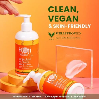 Koji White Kojic Acid & Papaya Body Lotion - Exfoliating, Hydrating Moisturizer for Sun-Damaged Skin, Vegan, Paraben-Free, 8.45 Fl Oz Avelisse