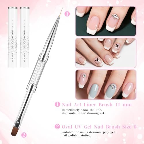 cobee 2 Pcs Double Ended French Tip Brush Hard Gel Nail Builder Gel Brush - Brush Liner for Design Professional Nail Art, White - görsel 8