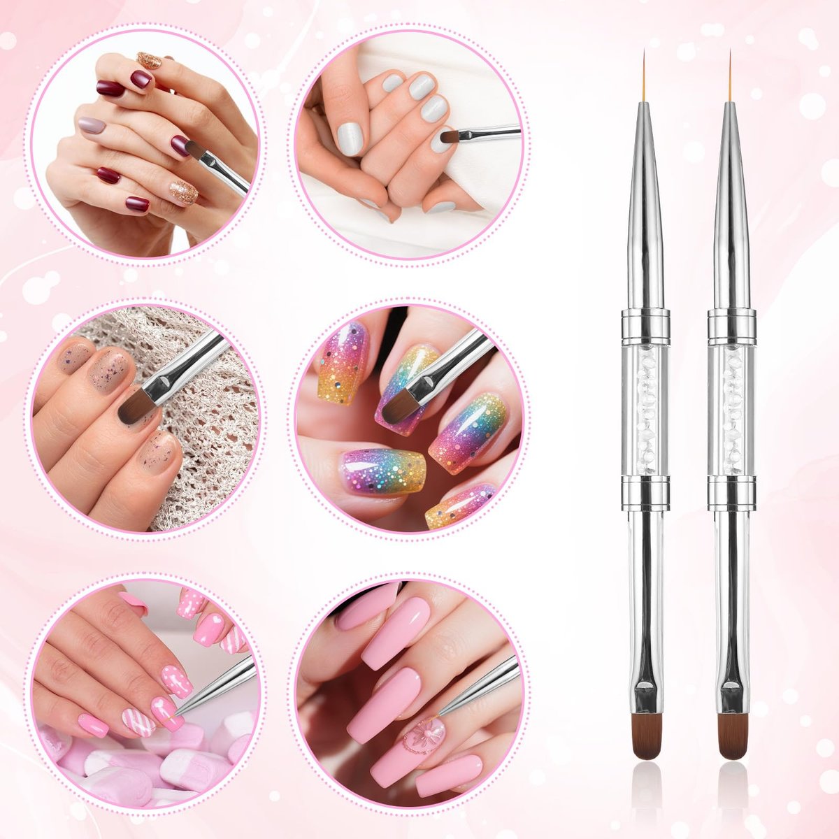 cobee 2 Pcs Double Ended French Tip Brush Hard Gel Nail Builder Gel Brush - Brush Liner for Design Professional Nail Art, White - görsel 3