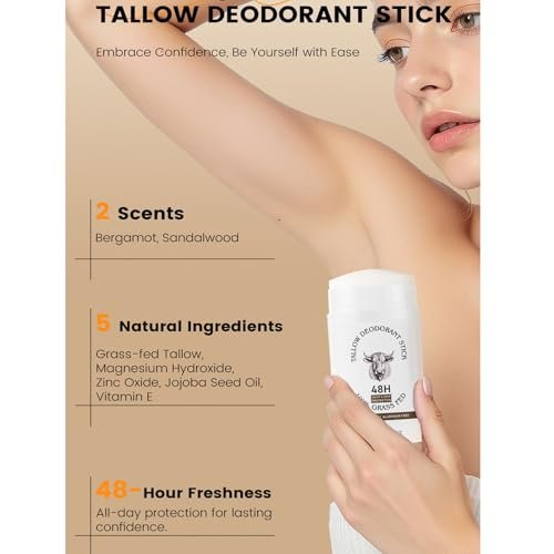 Tallow Deodorant Stick, Aluminum Free Whole Body Deodorant with Grass-Fed Beef Tallow for Men & Women - Sandalwood, 48-Hour Odor Control, Invisible Solid Deodorant Stick - görsel 5
