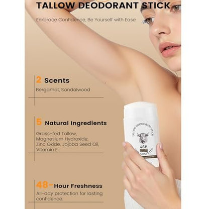Tallow Deodorant Stick, Aluminum Free Whole Body Deodorant with Grass-Fed Beef Tallow for Men & Women - Sandalwood, 48-Hour Odor Control, Invisible Solid Deodorant Stick