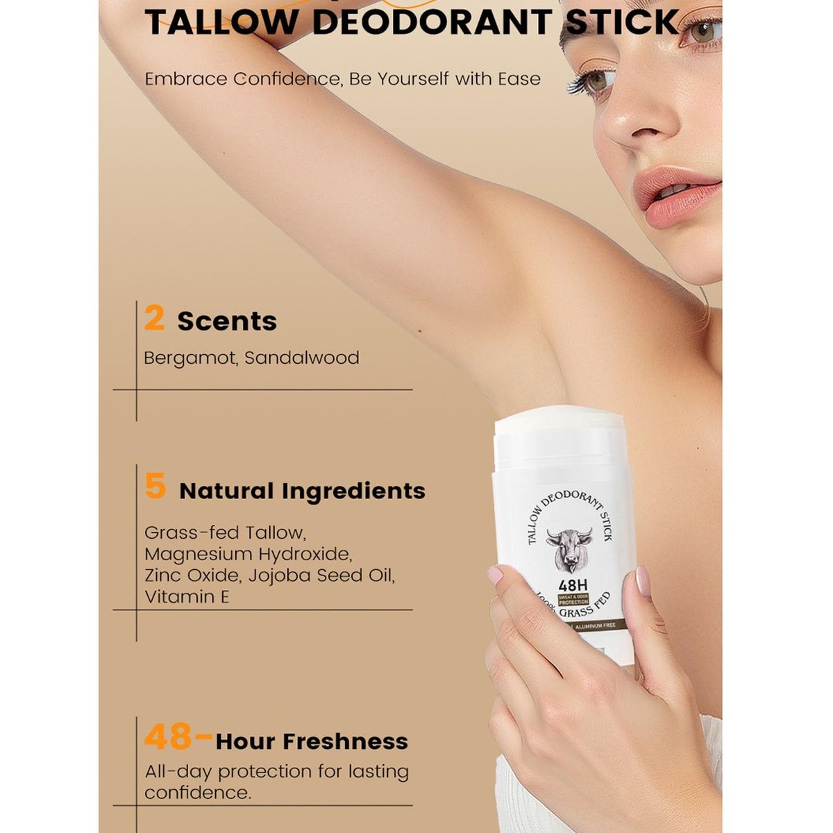 Tallow Deodorant Stick, Aluminum Free Whole Body Deodorant with Grass-Fed Beef Tallow for Men & Women - Sandalwood, 48-Hour Odor Control, Invisible Solid Deodorant Stick - görsel 6