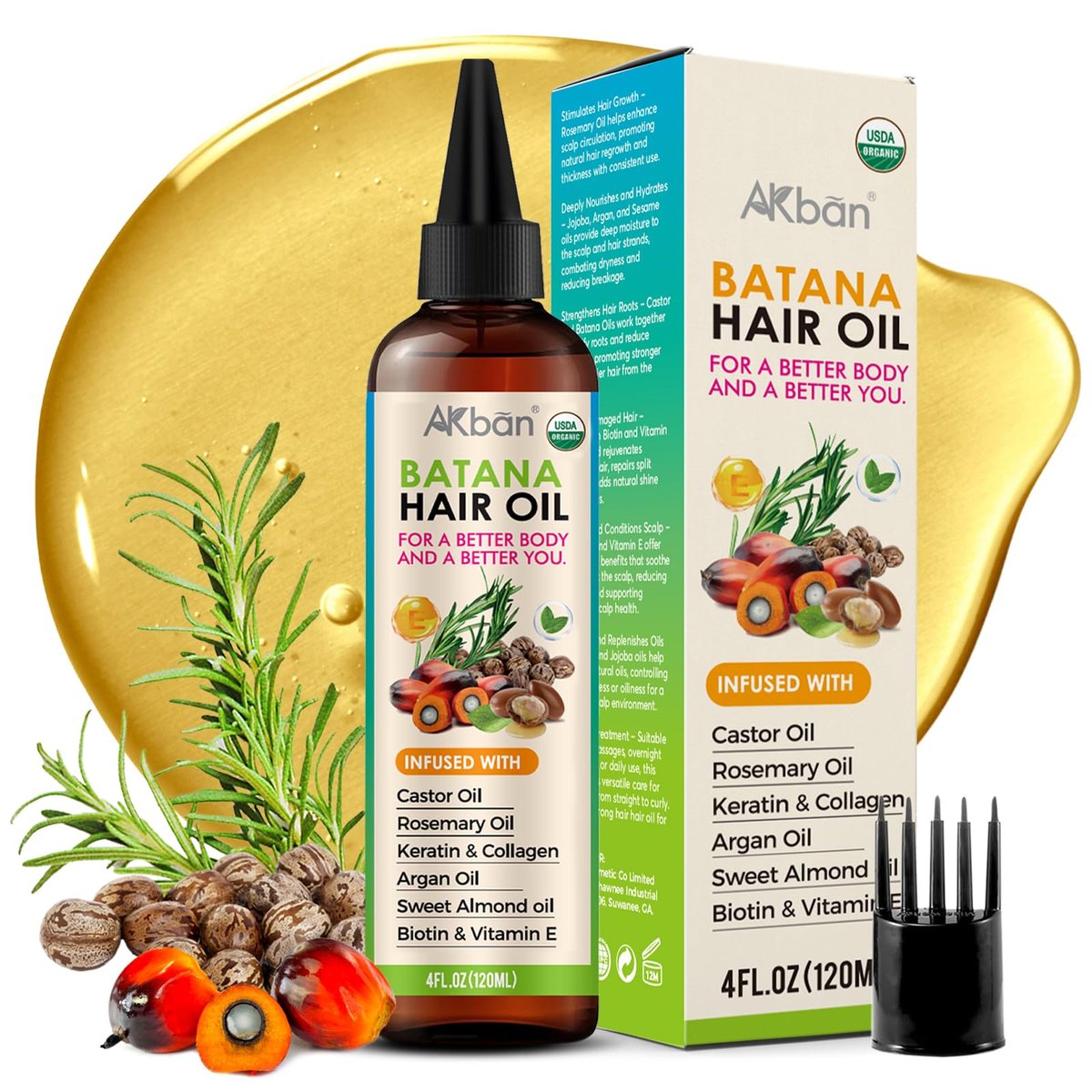 AKBAN Hair Growth Oil – 100% Pure Batana, Castor, Rosemary & Pumpkin Seed Oils with Biotin, Keratin & Vitamin E – Strengthening & Thickening Treatment for Healthy Hair – 4 FL OZ Avelisse