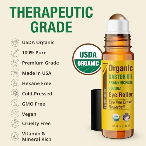 Seven Minerals Castor Oil Roll On Eye Roller for Under Eye Bags, Dark Circles & Wrinkles - Organic Blend of Castor, Frankincense & Jojoba - Brighten and Revitalize Skin - 0.33 fl oz Avelisse