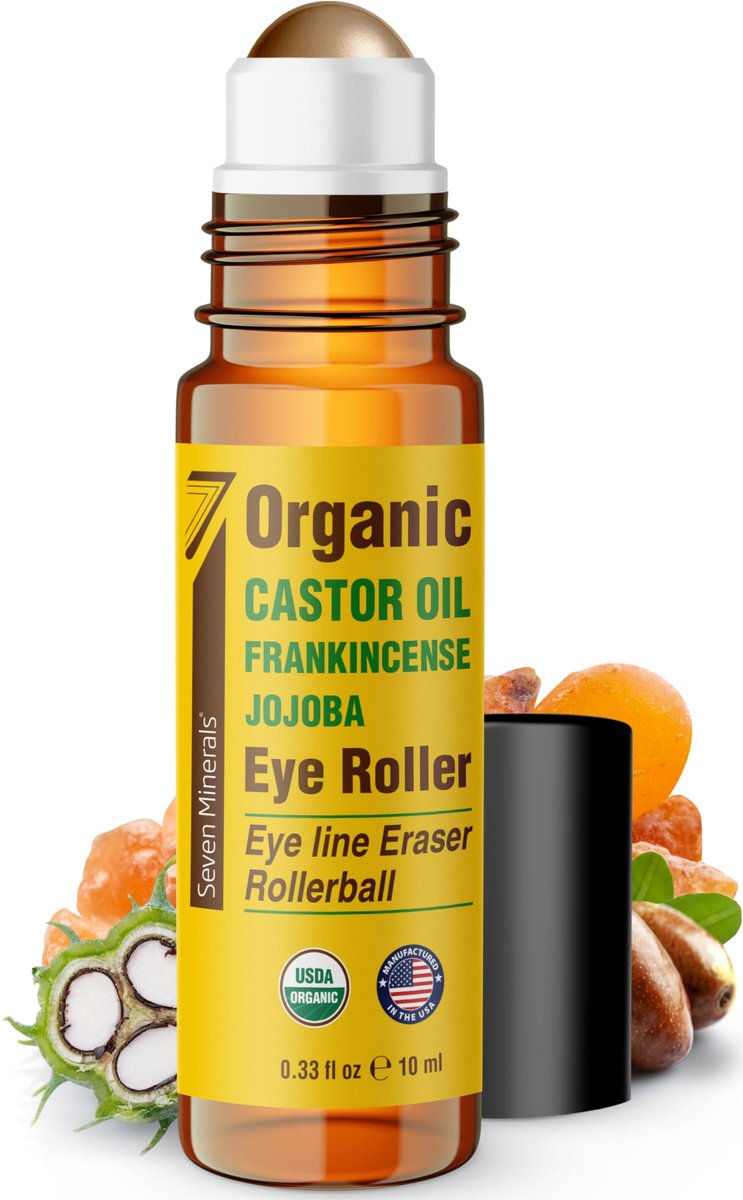 Seven Minerals Castor Oil Roll On Eye Roller for Under Eye Bags, Dark Circles & Wrinkles - Organic Blend of Castor, Frankincense & Jojoba - Brighten and Revitalize Skin - 0.33 fl oz Avelisse