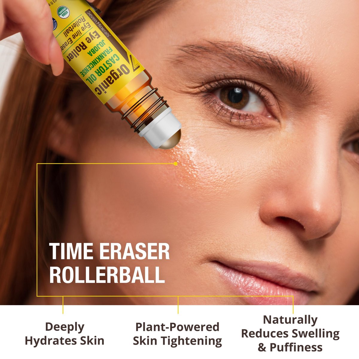 Seven Minerals Castor Oil Roll On Eye Roller for Under Eye Bags, Dark Circles & Wrinkles - Organic Blend of Castor, Frankincense & Jojoba - Brighten and Revitalize Skin - 0.33 fl oz Avelisse