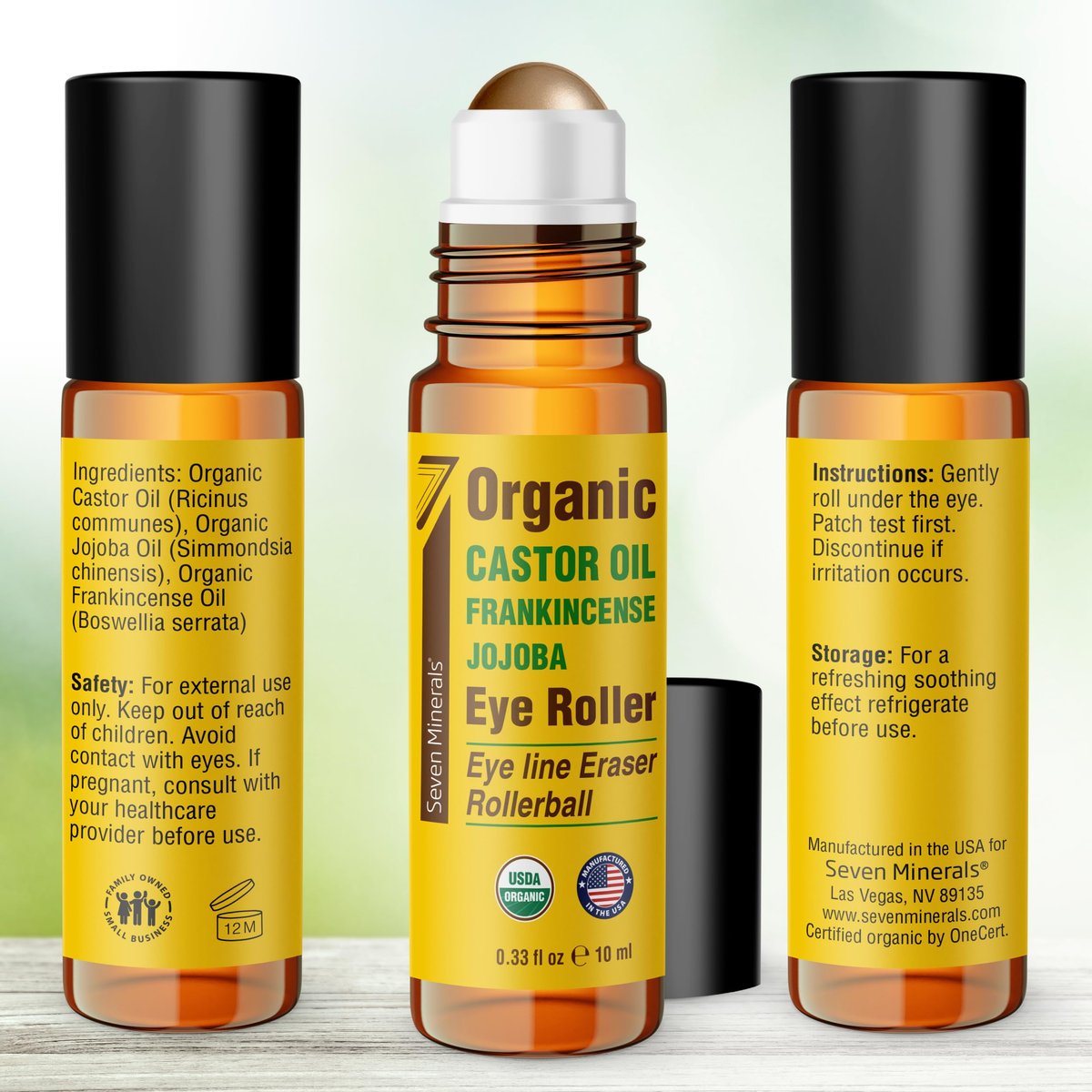 Seven Minerals Castor Oil Roll On Eye Roller for Under Eye Bags, Dark Circles & Wrinkles - Organic Blend of Castor, Frankincense & Jojoba - Brighten and Revitalize Skin - 0.33 fl oz Avelisse