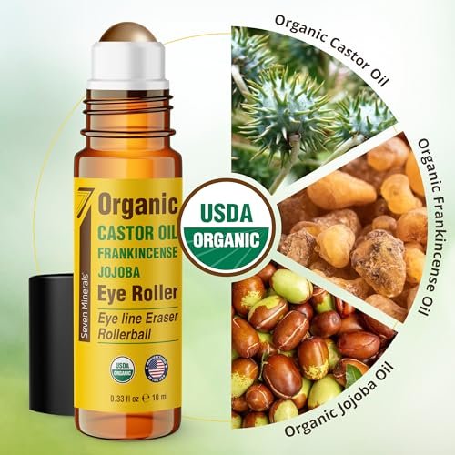 Seven Minerals Castor Oil Roll On Eye Roller for Under Eye Bags, Dark Circles & Wrinkles - Organic Blend of Castor, Frankincense & Jojoba - Brighten and Revitalize Skin - 0.33 fl oz Avelisse