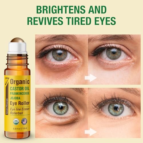 Seven Minerals Castor Oil Roll On Eye Roller for Under Eye Bags, Dark Circles & Wrinkles - Organic Blend of Castor, Frankincense & Jojoba - Brighten and Revitalize Skin - 0.33 fl oz Avelisse
