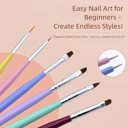 6-Piece Nail Art Brushes Set - Professional Nail Design Pens with Gel Extension Brush, Polish Brush, Builder Brush, Liner Brush, Carved Brush & Dotting Pen for Acrylic/Gel/Polish, DIY Home & Salon Use