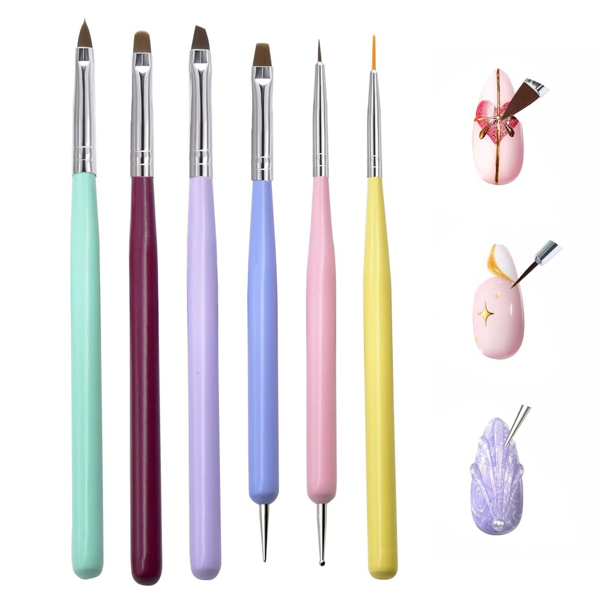 6-Piece Nail Art Brushes Set - Professional Nail Design Pens with Gel Extension Brush, Polish Brush, Builder Brush, Liner Brush, Carved Brush & Dotting Pen for Acrylic/Gel/Polish, DIY Home & Salon Use - görsel 1