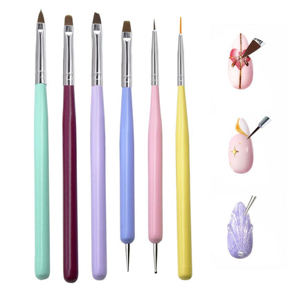 6-Piece Nail Art Brushes Set - Professional Nail Design Pens with Gel Extension Brush, Polish Brush, Builder Brush, Liner Brush, Carved Brush & Dotting Pen for Acrylic/Gel/Polish, DIY Home & Salon Use