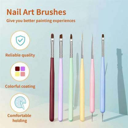 6-Piece Nail Art Brushes Set - Professional Nail Design Pens with Gel Extension Brush, Polish Brush, Builder Brush, Liner Brush, Carved Brush & Dotting Pen for Acrylic/Gel/Polish, DIY Home & Salon Use