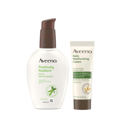 Aveeno Skincare Bundle: Positively Radiant Daily SPF 15 Facial Sunscreen Moisturizer + Soy (4 fl. oz) & Travel Size Daily Moisturizing Cream (0.8 oz) – 2 Items