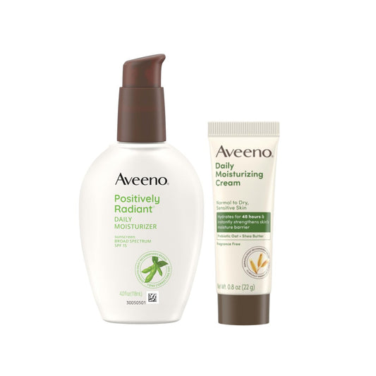 Aveeno Skincare Bundle: Positively Radiant Daily SPF 15 Facial Sunscreen Moisturizer + Soy (4 fl. oz) & Travel Size Daily Moisturizing Cream (0.8 oz) – 2 Items