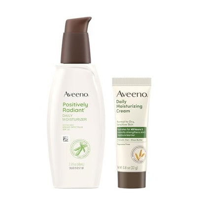 Aveeno Positively Radiant Daily SPF 30 Facial Sunscreen Moisturizer + Soy & Travel Size Daily Moisturizing Cream for Body, Face & Hands, 2-Piece Skincare Bundle Avelisse