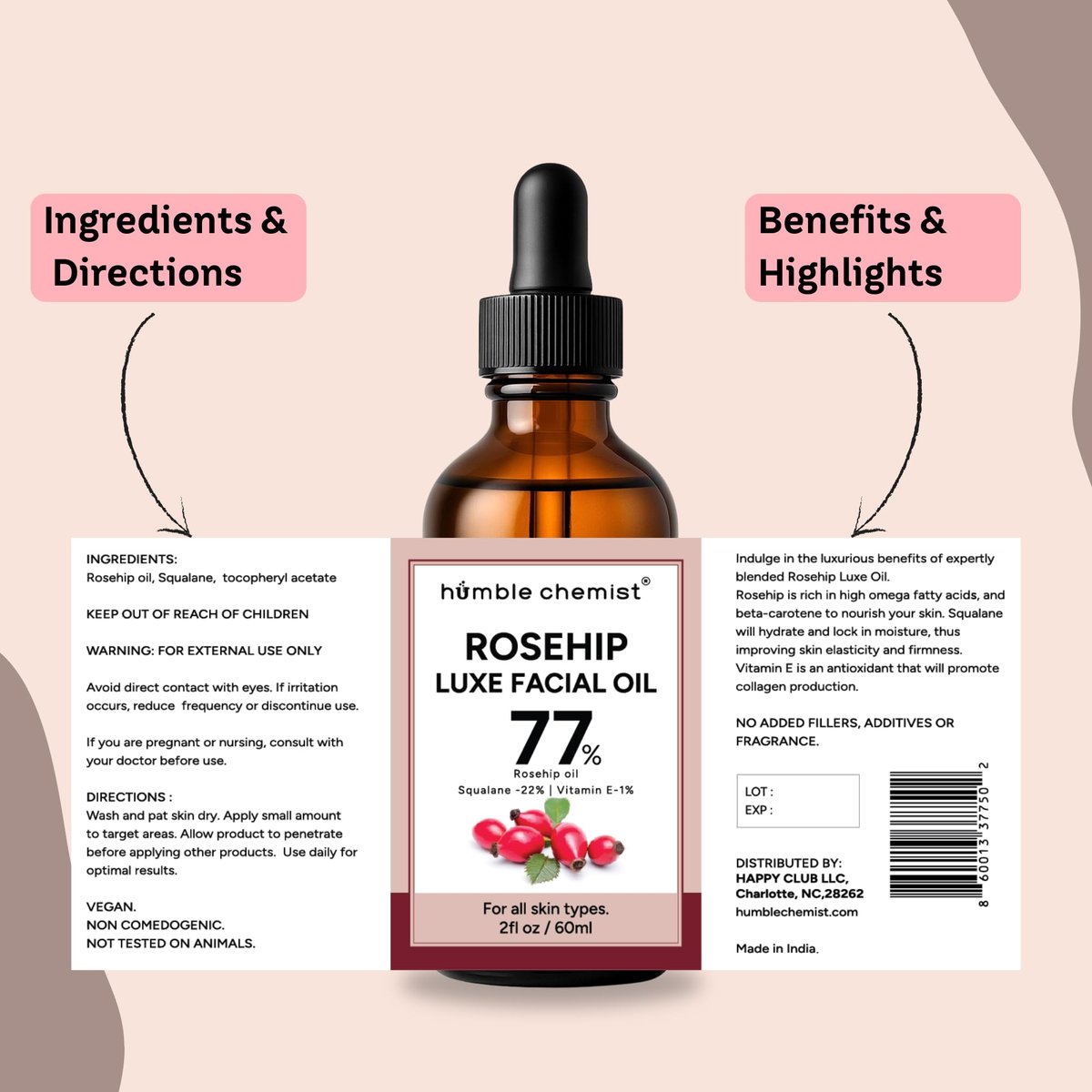 Humble Chemist 2in1 Rosehip Luxe Face Oil – 77% Rosehip Oil with Squalane and Vitamin E for Dry, Sensitive, and Acne-Prone Skin (2 Fl Oz) - görsel 13