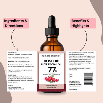Humble Chemist 2in1 Rosehip Luxe Face Oil – 77% Rosehip Oil with Squalane and Vitamin E for Dry, Sensitive, and Acne-Prone Skin (2 Fl Oz)