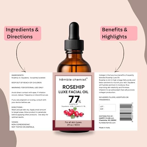 Humble Chemist 2in1 Rosehip Luxe Face Oil – 77% Rosehip Oil with Squalane and Vitamin E for Dry, Sensitive, and Acne-Prone Skin (2 Fl Oz) - görsel 14