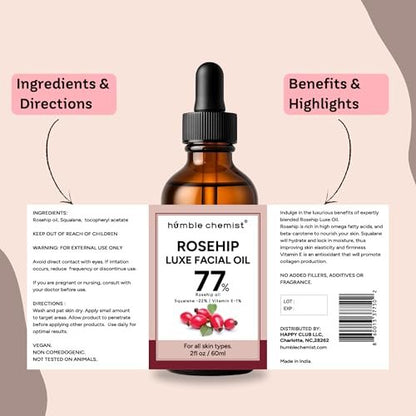 Humble Chemist 2in1 Rosehip Luxe Face Oil – 77% Rosehip Oil with Squalane and Vitamin E for Dry, Sensitive, and Acne-Prone Skin (2 Fl Oz)