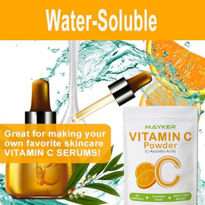 MAYKER Ultra Fine Vitamin C Powder for Face - 1.76 oz Pure Cosmetic Grade L-Ascorbic Acid for DIY Skincare Serums & Creams