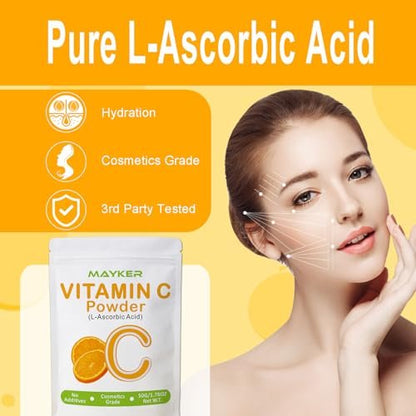 MAYKER Ultra Fine Vitamin C Powder for Face - 1.76 oz Pure Cosmetic Grade L-Ascorbic Acid for DIY Skincare Serums & Creams