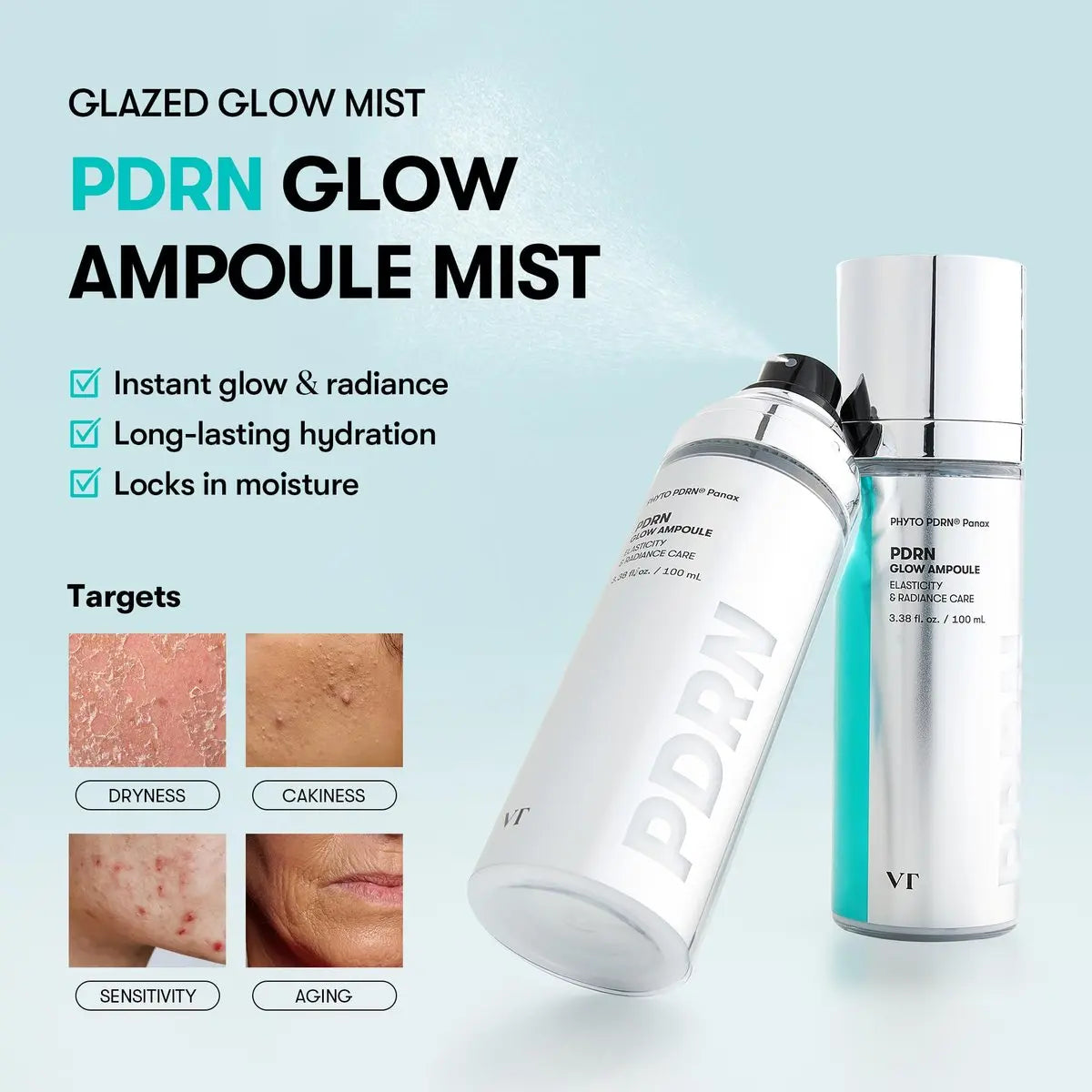 VT COSMETICS PDRN Glow Ampoule Facial Mist - Deep Hydration Spray Serum, Vegan & Fragrance-Free, Plumping Effect, 3.38 fl oz (100 ml) Avelisse