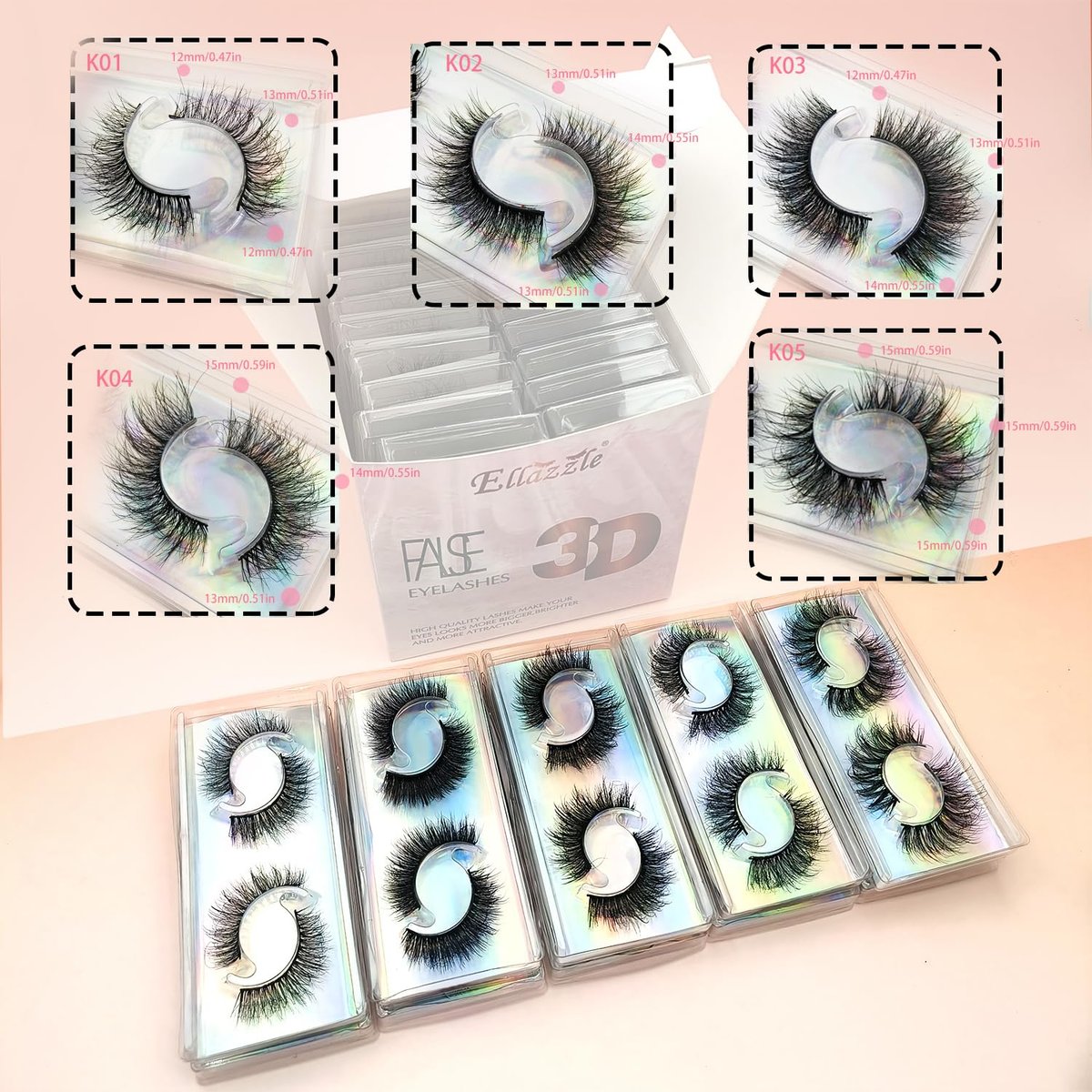 Ellazzle Faux Mink Eyelashes 3D Individual Look - 20 Pairs Mixed Lengths 12-15mm - görsel 3
