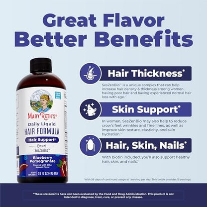 MARYRUTH'S Daily Liquid Hair Formula - 500 mg SesZenBio™ + 2,500 mcg Biotin - Thicker, Stronger Hair for Women - Hair, Skin, & Nail Health - 16 Fl Oz Avelisse