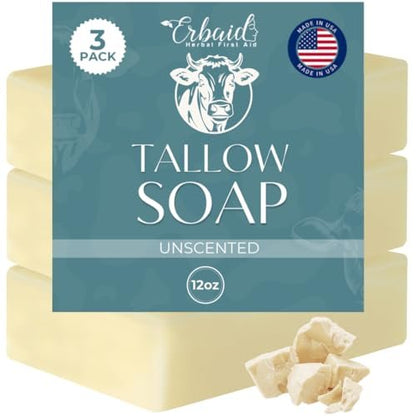 Erbaid Beef Tallow Soap Bar – All Natural Grass Fed Tallow Soap Unscented – Moisturizing Face & Body Wash for Eczema, Dry, Itchy, Sensitive Skin – Handcrafted Bath Soap for Adults, Kids, Made in USA Avelisse