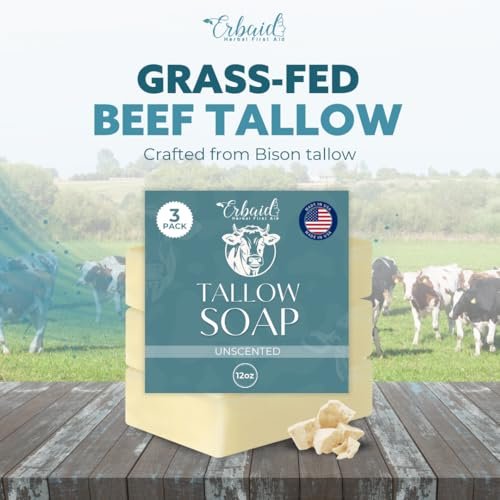 Erbaid Beef Tallow Soap Bar – All Natural Grass Fed Tallow Soap Unscented – Moisturizing Face & Body Wash for Eczema, Dry, Itchy, Sensitive Skin – Handcrafted Bath Soap for Adults, Kids, Made in USA Avelisse