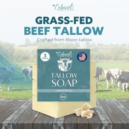 Erbaid Beef Tallow Soap Bar – All Natural Grass Fed Tallow Soap Unscented – Moisturizing Face & Body Wash for Eczema, Dry, Itchy, Sensitive Skin – Handcrafted Bath Soap for Adults, Kids, Made in USA Avelisse