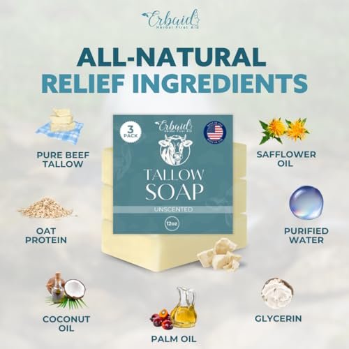 Erbaid Beef Tallow Soap Bar – All Natural Grass Fed Tallow Soap Unscented – Moisturizing Face & Body Wash for Eczema, Dry, Itchy, Sensitive Skin – Handcrafted Bath Soap for Adults, Kids, Made in USA Avelisse